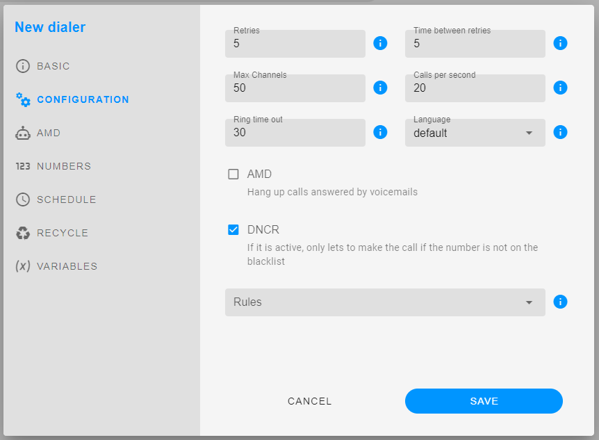 Telephony configuration tab